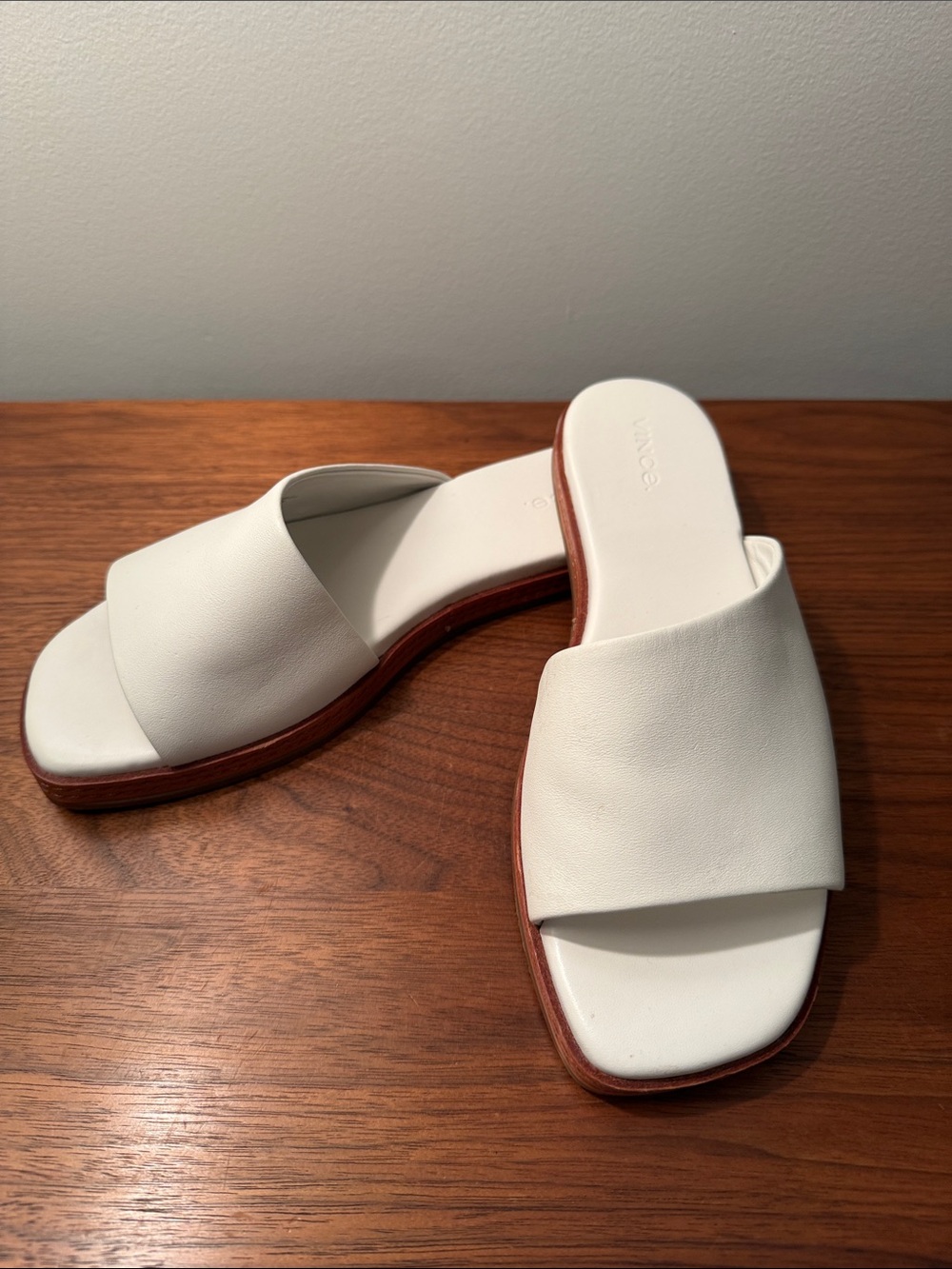 Vince White Wide-Band Slide Sandals with Brown Sole